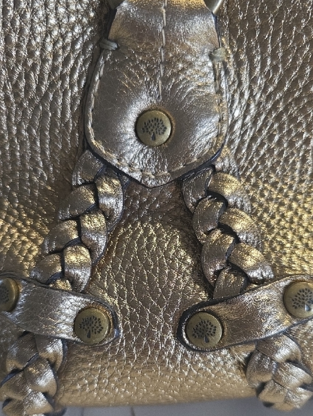 Mulberry Metallic Gold Braided-Detail Women's Pebbled Leather Satchel - Picture 2 of 10